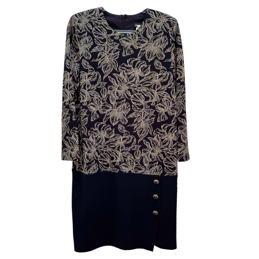 Vintage 80s Gold Metallic Floral Drop Waist Black Sweater Dress Golden Girls